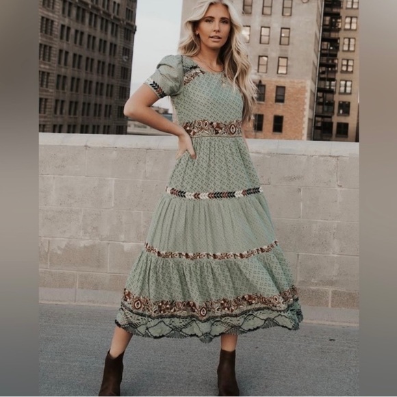 bohme Dresses & Skirts - Bohme Spanish Embroidered Cottage Bohemian Maxi Dress in Sage Green